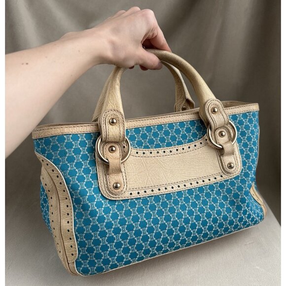 Céline Macadam Canvas Cream Leather Hand Bag Aquamarine Blue Purse - Picture 4 of 15